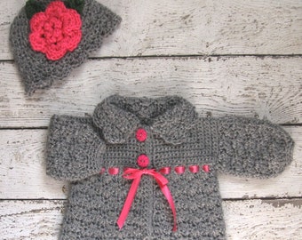 Crochet Baby Girl Sweater and Hat Set Infant Sweater Set Knit gray Baby Sweater Baby Jacket gris toddler sweater Newborn Baby Sweater set