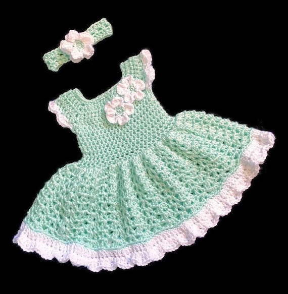 Green Crochet Baby Girl Dress Set Newborn Dress Blue Baby Outfit Toddler Dress Knit Dress and Headband Light Green White Baby Girl Dress