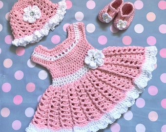 Baby Knit Dress Crochet Baby Dress Baby Dress Light Pink Set Newborn Toddler Dress Baby Shower Gift Set and Hat and Shoes crochet baby girl