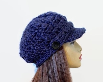 Navy Hat with Visor Crochet Newsboy Hat Dark Blue Newsboy Hat  Adult Newsboy Crochet Womens Newsboy Hat with Visor Dark Blue Hat with brim