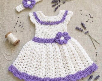 White and Lavender Crochet Baby Dress Set Newborn Baby Dress White Baby Girl Outfit Toddler Dress Knit Dress and Headband Baby Shower Gift