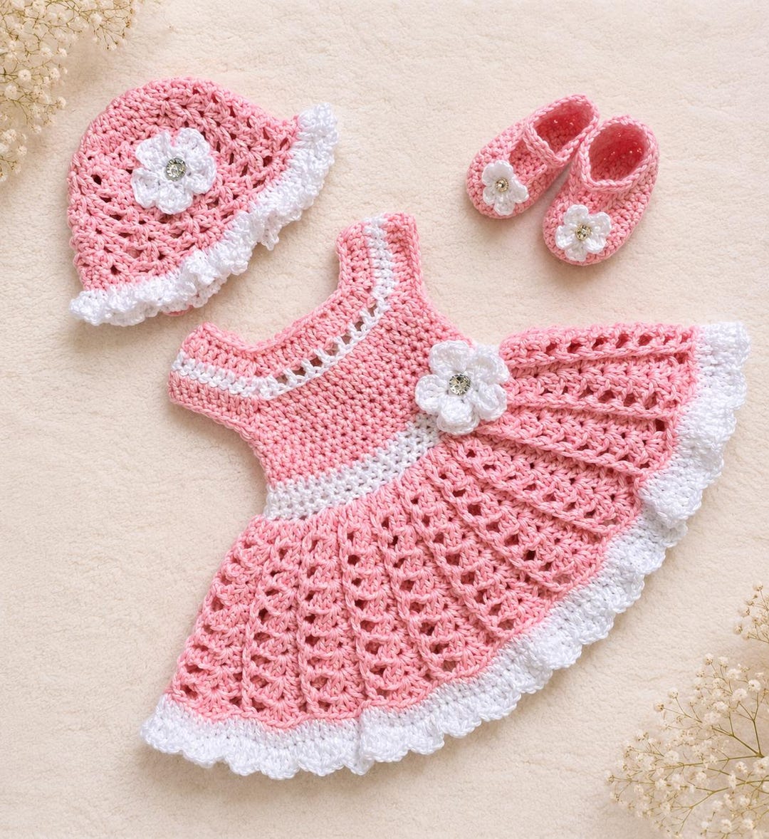 baby pink crochet dress Baby Knit Dress Crochet Baby Dress Baby Dress Light Pink Set Newborn Toddler Dress Baby Shower Gift Set and Hat and Shoes Crochet Baby girl