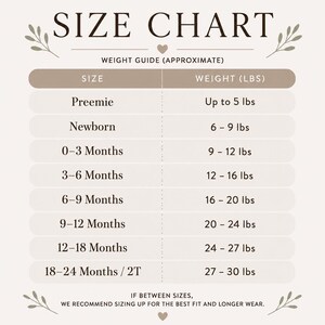 The image is a size chart that provides approximate weight guidelines for different age groups, ranging from newborns to toddlers. It suggests that if the sizes are between the recommended ranges, the viewer should consider sizing up for the best fit and longer wear.