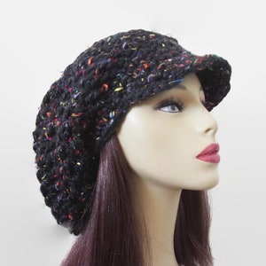 Black tweed rasta hat Dreadlocks hat Crochet newsboy hat Knit newsboy oversized Hat Newsboy Black Slouch Cap with Visor black Adult Newsboy