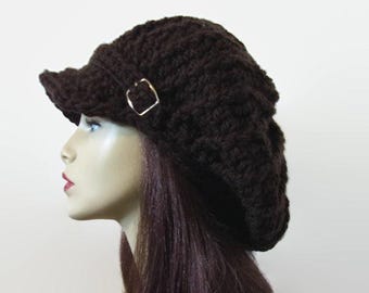 Brown Slouch Newsboy Hat with buckle Dreadlocks Hat with visor Adult Dark Brown knit Hat with Brim Slouchy crochet newsboy hat slouchy hat