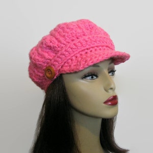 Pink Newsboy Crochet Newsboy Hat Bright Pink Hat with Visor Adult Newsboy Pink Cap Crochet Newsboy knit Cap with Buttons image 1