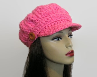 Pink Newsboy Crochet Newsboy Hat Bright Pink Hat with Visor Adult Newsboy Pink Cap Crochet Newsboy knit Cap with Buttons