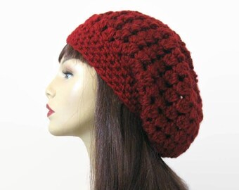 Maroon slouch beanie Dark Red Popcorn Slouchy Hat Maroon Puff Stitch beanie Knit Beret Red Beanie Maroon crochet women's hat maroon hat.