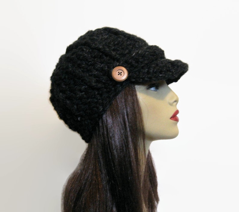 Black Tweed Knit Newsboy Crochet Womens Newsboy Hat With Brim Etsy
