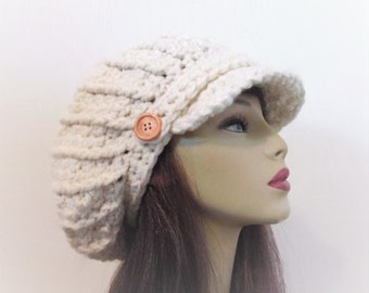 Dreadlocks hat Cream Crochet newsboy hat with buttons rasta hat Knit newsboy oversized Hat Off white Newsboy Hat  with Visor Adult Newsboy