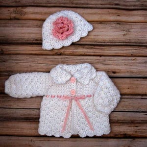 Crochet White Baby Sweater Set Knit Baby Girl Cardigan and Hat White Crochet newborn Baby Sweater Hat Set Toddler sweater Baby  Jacket