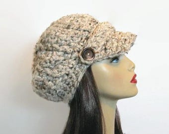 Oatmeal  Newsboy Hat With Visor Newsboy Cap Adult News boy Cap Oatmeal Womens newsboy hat Knit Visor Hat with Buttons Oatmeal Hat with Brim