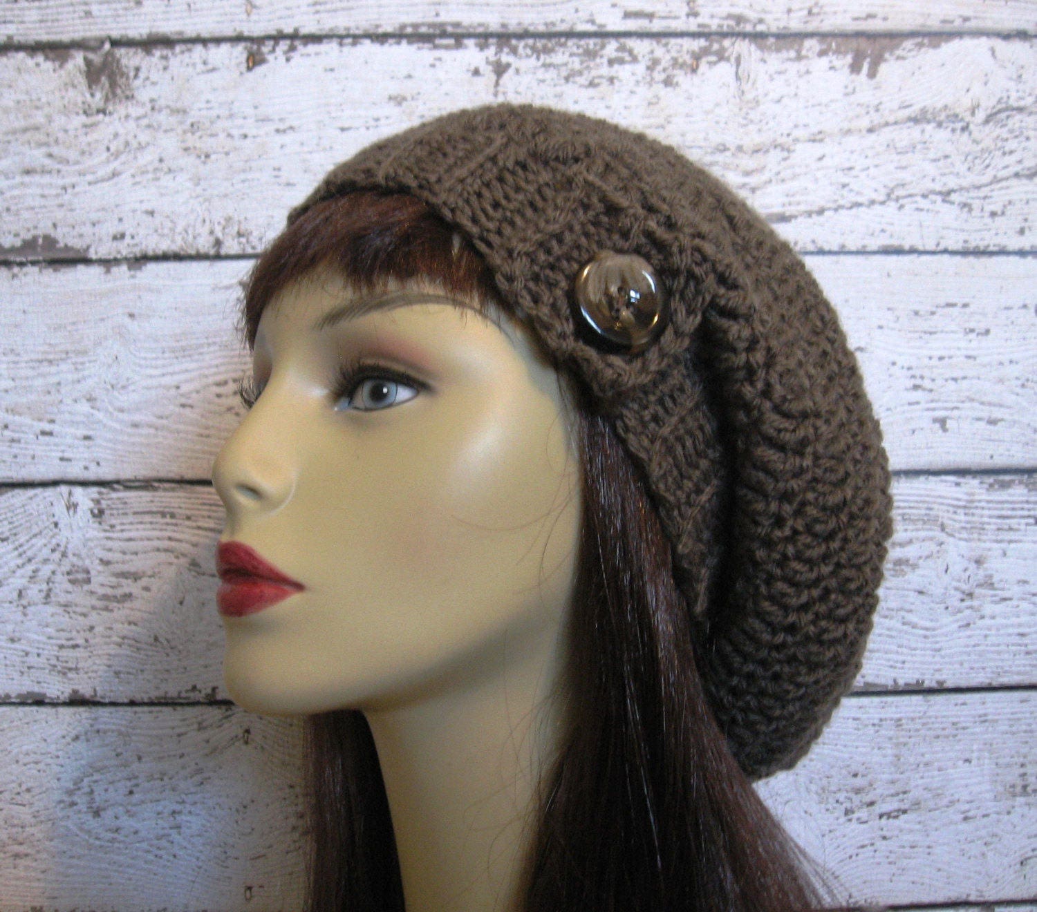Crochet Taupe Slouchy Hat With Button Slouch Beanie Brown  display picture 1