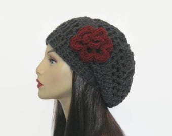 Gray Slouch Beanie with Flower Charcoal Gray Slouch Knit Hat Dark Grey Slouchy Gray Tam with Dark Red Flower Slouchy crochet Womens Hat