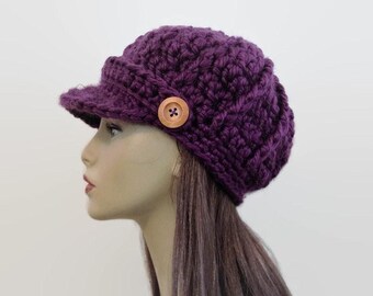 Purple Newsboy  Hat  Purple knit Newsboy Dark purple crochet cap with Visor Purple Crochet Cap with Visor Purple Hat with Brim News boy cap