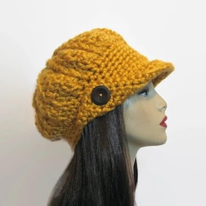 Gold Adult Newsboy Hat Crochet Newsboy Cap Gold Newsboy Knit Gold Cap with Visor Womens newsboy hat Mustard Cap with brim Crochet Gold Hat