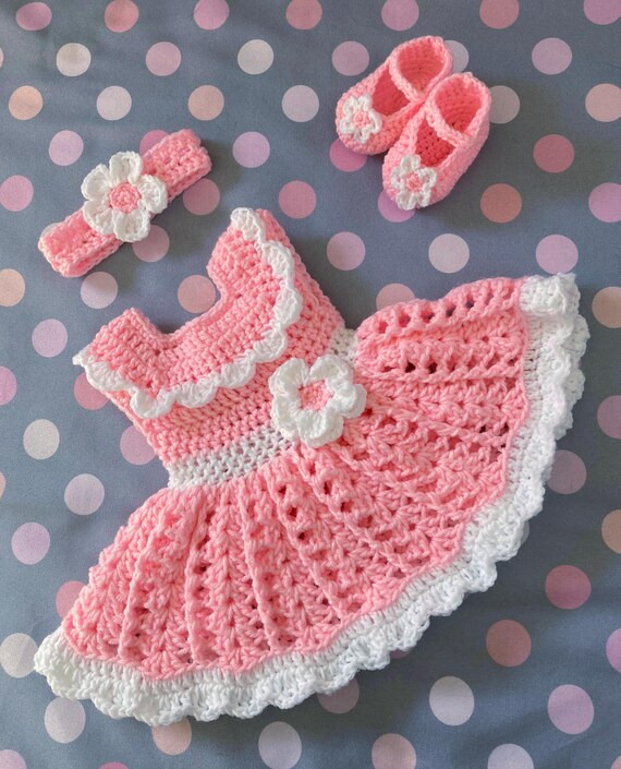 Light Pink Baby Girl Dress Pink Baby Outfit Crochet Toddler Dress Set Newborn Baby Dress Baby Knit Dress and Headband Pink Baby Girl Dress