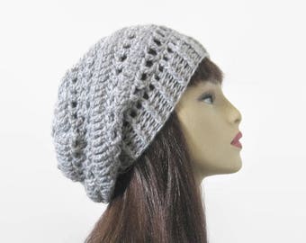 Crochet Slouchy Hat Slouch Beanie Gray Knit Slouchy Hat Light Gray Beret  Gray Slouch Cap Gray Beanie Crochet Tam Slouch crochet women's hat