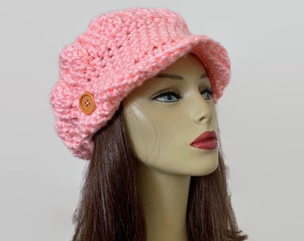 Light Pink Hat Pink Newsboy Crochet Newsboy Hat with Visor Adult Newsboy Pink Cap Crochet Newsboy knit Cap with Buttons Rose Pink Cap