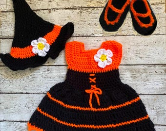 Gehaakte babymeisje heks outfit halloween kostuum heks kostuum baby heks kostuum jurk baby halloween outfit gebreide baby heks jurk set