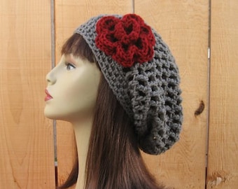 Slouchy Beanie with Flower Crochet Gray Hat Gray Slouch Hat Crochet Women's hat Gray Slouch Beret with Flower Gray slouchy gray knit Tam