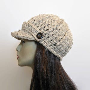 Crochet Newsboy Hat Crochet Hat with Visor Adult Oatmeal Newsboy Knit Hat Beige Beanie Cream Crochet Hat with Visor Tweed Newsboy Cream Hat image 4