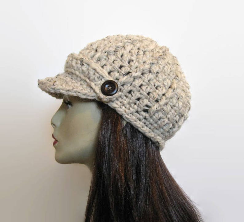 Crochet Newsboy Hat Crochet Hat with Visor Adult Oatmeal Newsboy Knit Hat Beige Beanie Cream Crochet Hat with Visor Tweed Newsboy Cream Hat image 4