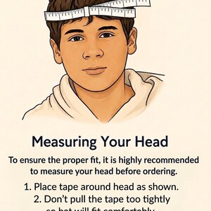 A black and white line drawing of a person's head wearing a measuring tape around the head, accompanied by text instructions on how to measure one's head properly.