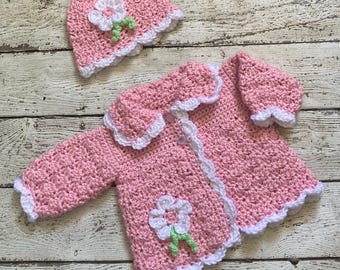 Ensemble Bébé Fait Main Au Crochet - Pull, Chapeau, Chaussons, Couvre-couches 1-6 Mois