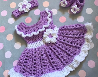 Baby Girl Dress Set Purple Crochet Baby Dress Set Newborn Baby Dress Lavender Toddler Dress Baby Knit Dress  Headband Violet Baby Girl Dress