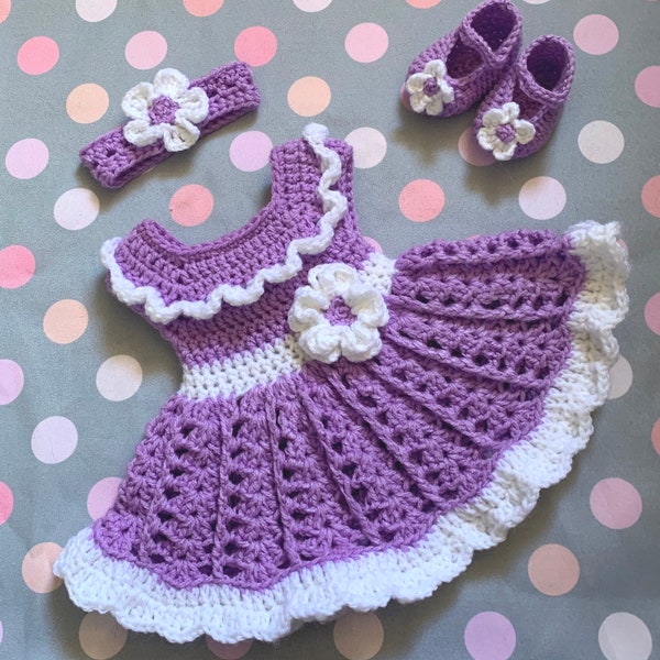 Baby Girl Dress Set Purple Crochet Baby Dress Set Newborn Baby Dress Lavender Toddler Dress Baby Knit Dress  Headband Violet Baby Girl Dress