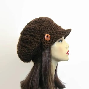 Brown Slouch Newsboy Hat Crochet Slouchy Newsboy  Chocolate Newsboy Adult Dark Brown knit Hat with Visor and Button Beret  Cap brown newsboy