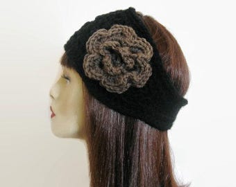 Black Head band Crocheted Black Headband with Flower Extra Wide and Thick Ear warmer Black Knit Earwarmer with Taupe  Flower Wide Headband