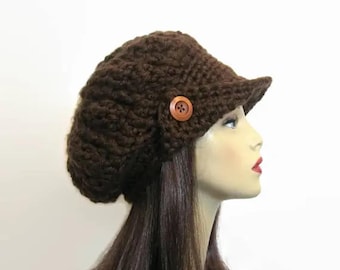 Gorro de estilo Newsboy marrón holgado, gorro de ganchillo estilo Newsboy color chocolate, gorro de punto marrón oscuro para adulto con visera y boina con botón, estilo Newsboy marrón