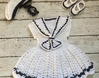 knitted sailor dress Baby Sailor Dress Set Crochet Newborn Baby Girl Dress Set Knit White Blue Baby Girl Sailor Outfit Knit Baby Girl Dress Preemie Sailor Dress