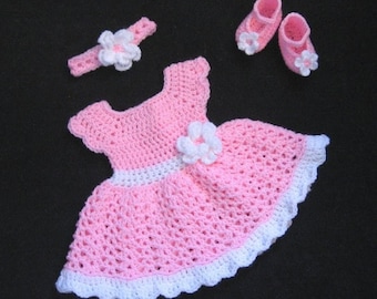 Pink Crochet Baby  Dress Set Newborn Baby Dress Pink Toddler Dress  Baby Girl Dress Set Baby Knit Dress and Headband Pink Baby Girl Dress