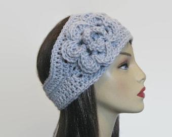 Silver Crochet Headband with Flower Gray Headwrap Knit Head Band EarWarmer Light Grey Headband Gray Head wrap Crochet headband Knit headwrap