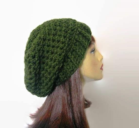 Women\'s Crochet Knitted Style Beanie Slouchy Hat Olive Crochet Hat, Womens Hat, Mens Hat, Slouchy Beanie, Wool Hat  main image 4