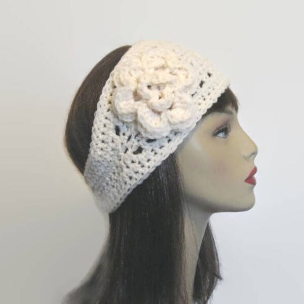 Cream Headband with flower Cream Ear warmer Crochet head band Ivory knit Headwrap Cream Head Band Cream Crochet earwarmer off white headband