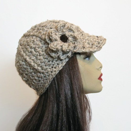 Hand Knitted Newsboy Hat - Off White Crochet Hat With Short Visor & Side Flower