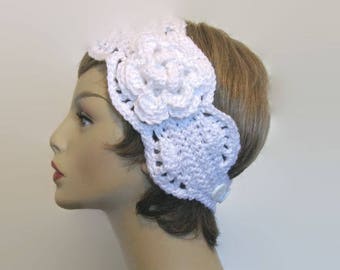 White Crochet Headband with Flower Crochet Head Wrap knit Head Band White Ear Warmer  White earwarmer Crochet earwarmer crochet ear warmer