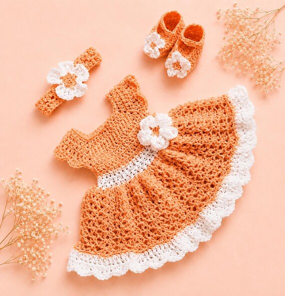 Baby Knit Dress Baby Dress Peach Crochet Baby Dress Set Newborn Girl Dress Set Headband Coral Baby Shower Gift Light Orange Toddler Dress