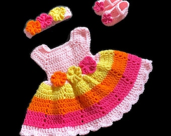 Baby Girl Dress Set Pink Crochet Baby Dress Set Newborn Baby Dress Yellow Baby Outfit  Baby Knit Dress and Headband Pink Baby Girl Dress