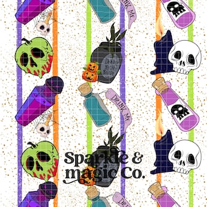 May include: A seamless pattern with Halloween illustrations. The design includes skulls, poison bottles, pumpkins, candles, and apples with skull faces. The background has vertical stripes and the text "Drink Me" and "Deadly Nightshade". The words "Sparkle & magic Co." are also present.