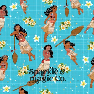 May include: A seamless pattern on a bright turquoise background featuring a grid of white lines, white plumeria flowers, and small four-pointed stars. The design includes illustrations of a character with long dark hair wearing a tan outfit.