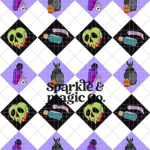 May include: A repeating pattern with Halloween illustrations. It features poison bottles, skulls, pumpkins, and the text "Drink Me." The background is a diamond pattern in black, white, and purple.
