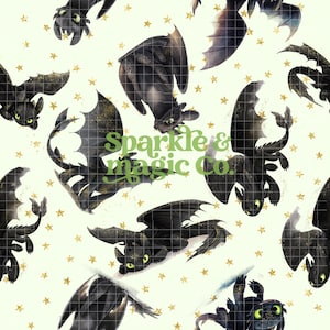 May include: A repeating pattern on a light cream background featuring black dragons with green eyes and gold glitter accents, interspersed with small gold stars. The text Sparkle & magic Co. is printed in green in the center of the image.