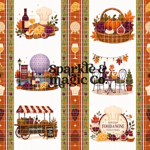 May include: A repeating fabric pattern featuring Epcot Food & Wine Festival illustrations, including wine, cheese, pumpkins, chef hats, and the Spaceship Earth landmark. The design incorporates autumn leaves, bistro tables, and a food cart with the text Sparkle & magic co.