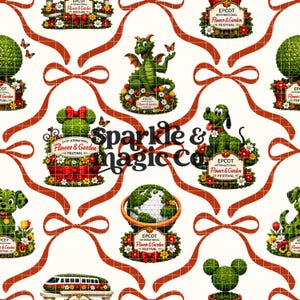 May include: A white fabric pattern featuring red ribbon bows and topiary figures from the Epcot International Flower & Garden Festival, including a dragon, a dog, and a monorail. The text Sparkle & Magic Co. is centered over the repeating design.