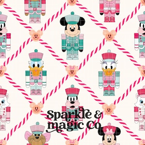 May include: A repeating pattern featuring cartoon characters dressed as nutcrackers in shades of pink, teal, and white. The design includes diagonal pink and white striped lines and small Mickey-shaped icons. The text Sparkle & magic co is visible.